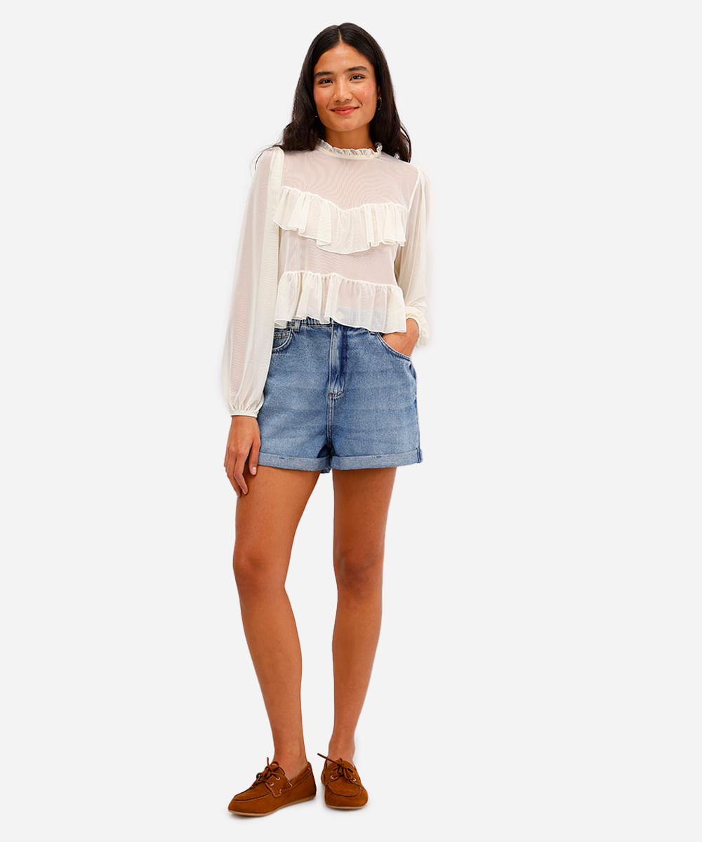 short mom feminino jeans cós elástico azul