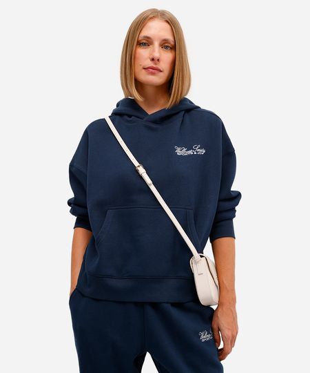 blusão feminino de moletom felpado com capuz e bordado azul PP blusão feminino de moletom felpado com capuz e bordado azul PP