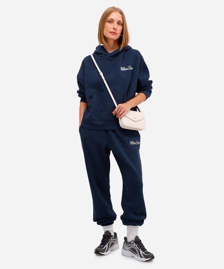 calça jogger feminina de moletom felpado com bordado azul P