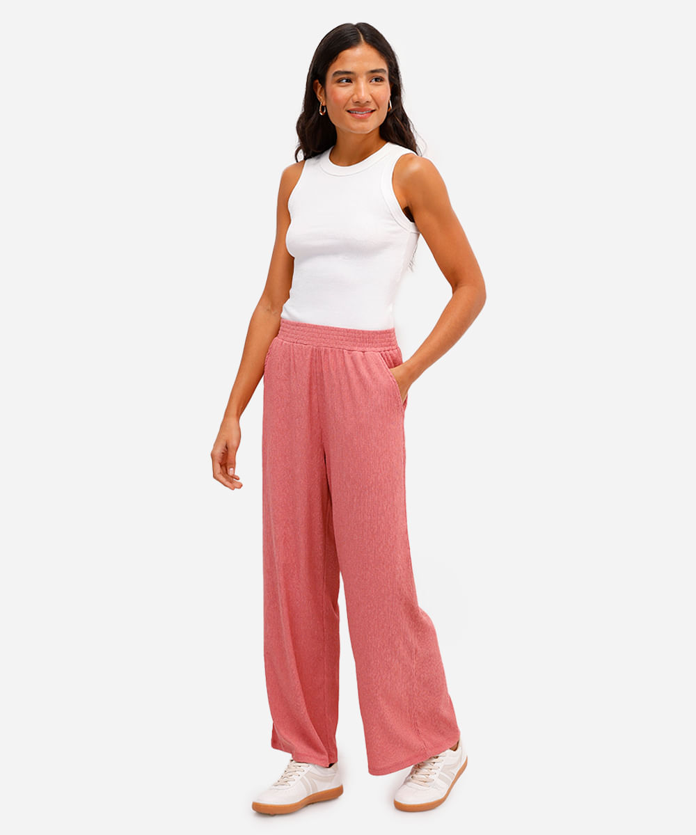 calça wide leg feminina de malha texturizada rosa