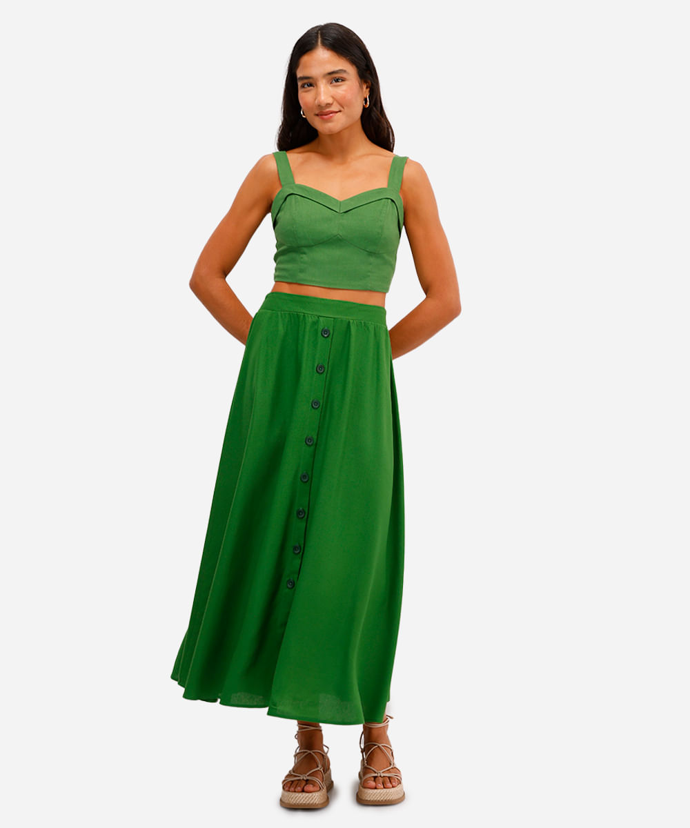 saia midi feminina com linho cós elástico verde