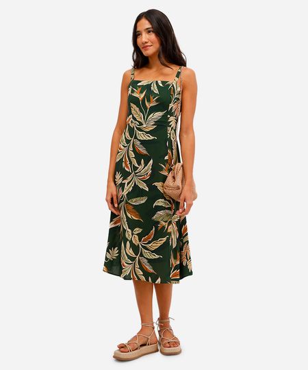 vestido midi feminino de viscose com fenda folhagens verde P