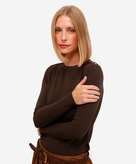 blusa feminina de viscose manga longa canelada marrom PP blusa feminina de viscose manga longa canelada marrom PP