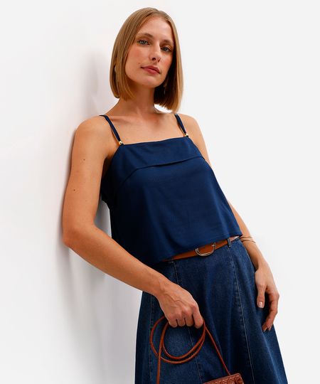 blusa feminina alça fina com linho azul PP