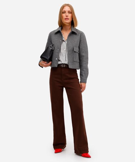 calça wide leg feminina de sarja com cinto marrom 38