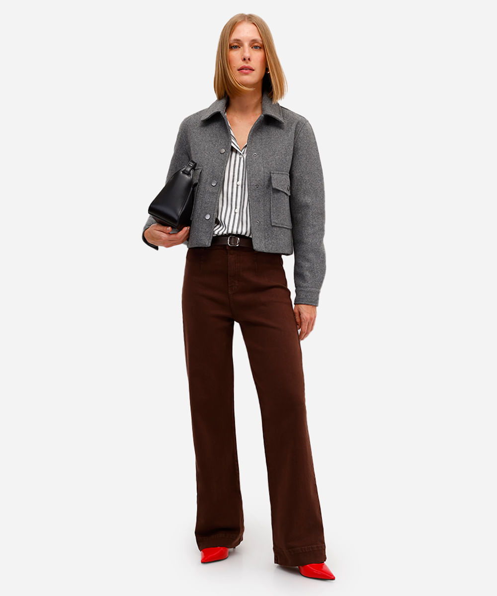 calça wide leg feminina de sarja com cinto marrom