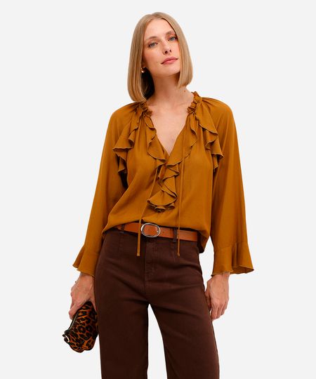 blusa feminina manga longa com babados amarela P blusa feminina manga longa com babados amarela P