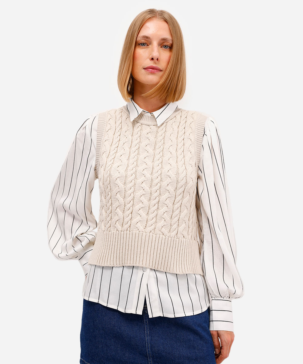 colete feminino de tricot texturizado bege