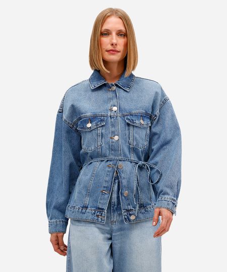 jaqueta feminina jeans com cinto azul M