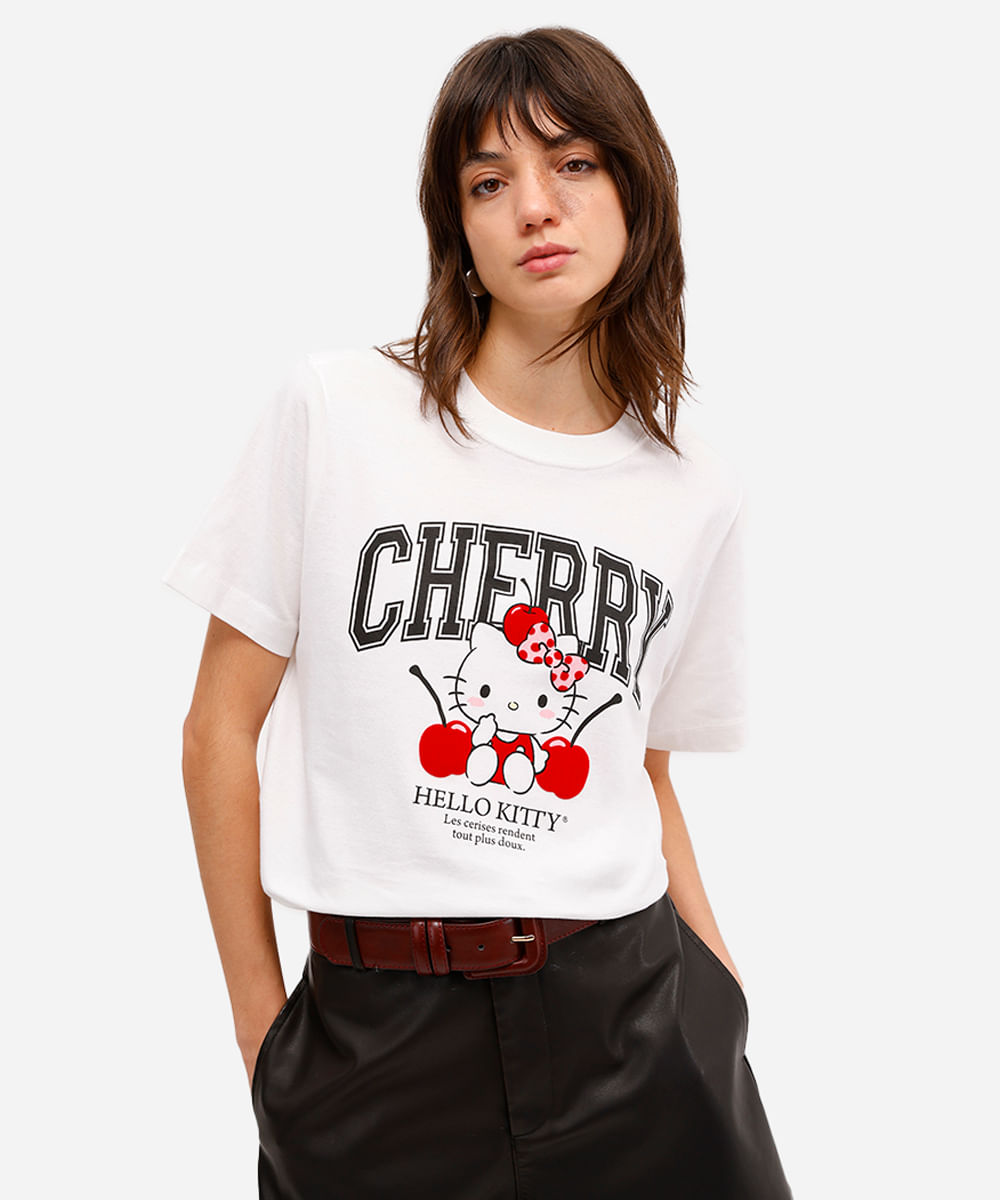 camiseta feminina de algodão hello kitty off white