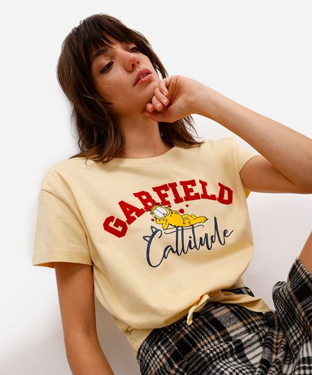 camiseta feminina de algodão garfield com amarração amarela PP camiseta feminina de algodão garfield com amarração amarela PP