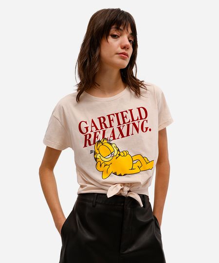 camiseta feminina de algodão garfield com amarração bege G
