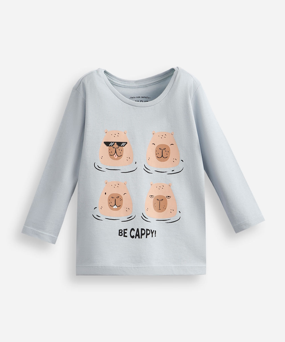 blusa de algodão infantil manga longa capivara azul