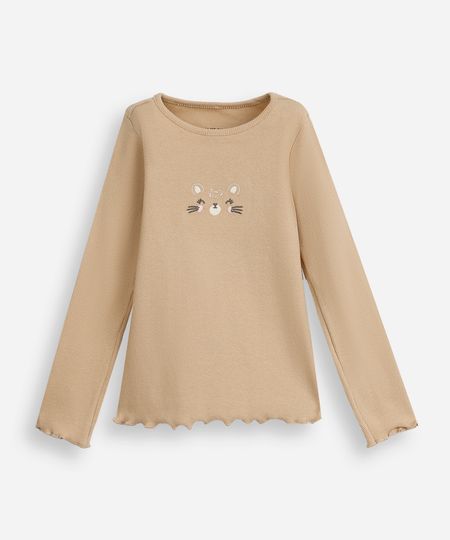 blusa de algodão infantil com bichinho e fru fru canelada bege 1 blusa de algodão infantil com bichinho e fru fru canelada bege 1