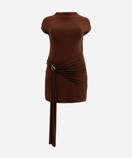 vestido curto com transpasse franzido mindset plus size marrom GG2