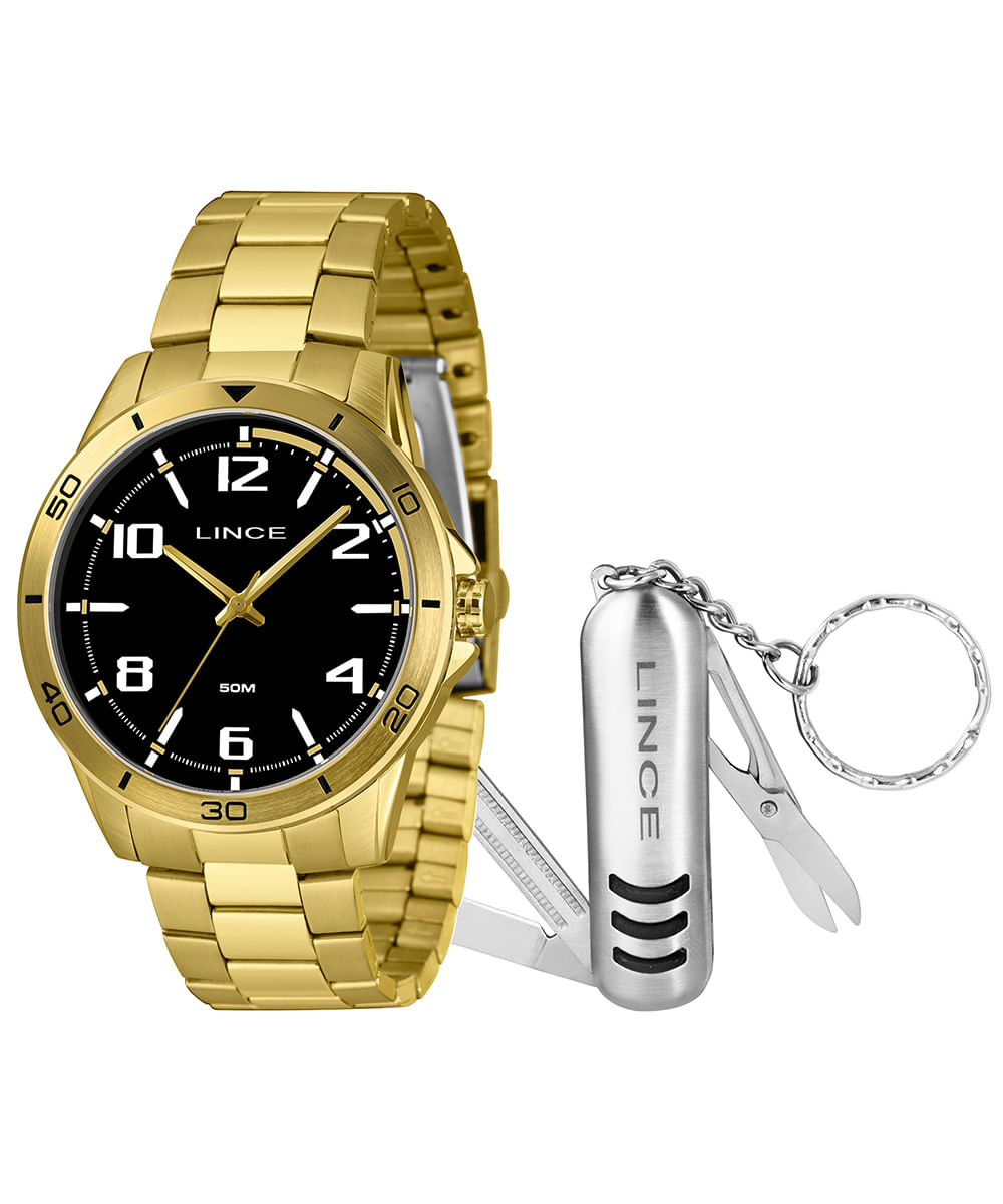 kit relógio masculino lince mrgm006l46ka8vp2kx analógico dourado
