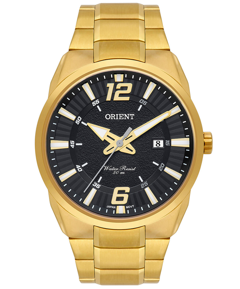 relógio masculino orient mgss1262p2kx analógico calendário dourado