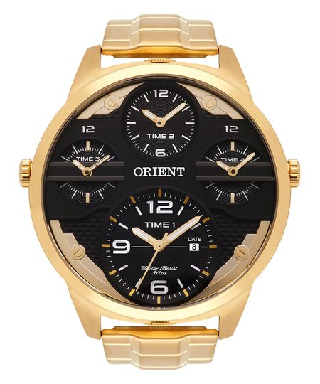 relógio masculino orient mgsst002p2kx dual time dourado UNICO