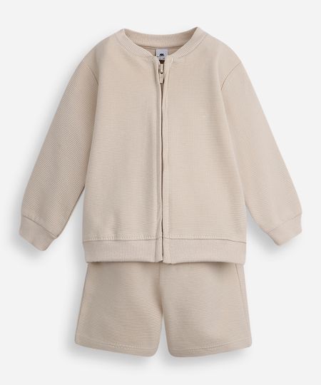 conjunto infantil de moletom canelado bege 3-6