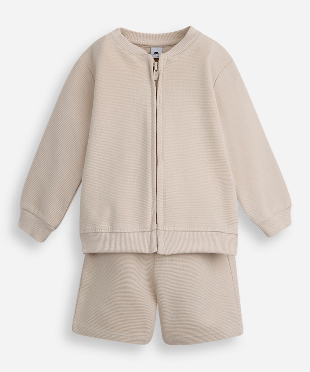 conjunto infantil de moletom canelado bege