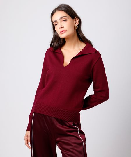 polo feminina de tricot gola v manga longa mindset vinho GG