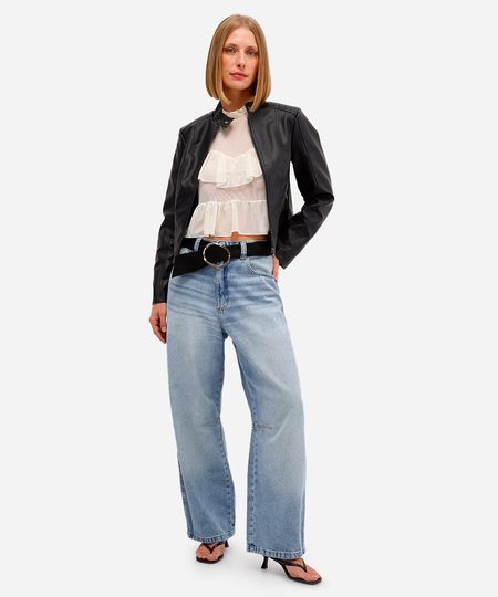 calça feminina jeans cintura média com pregas azul 34
