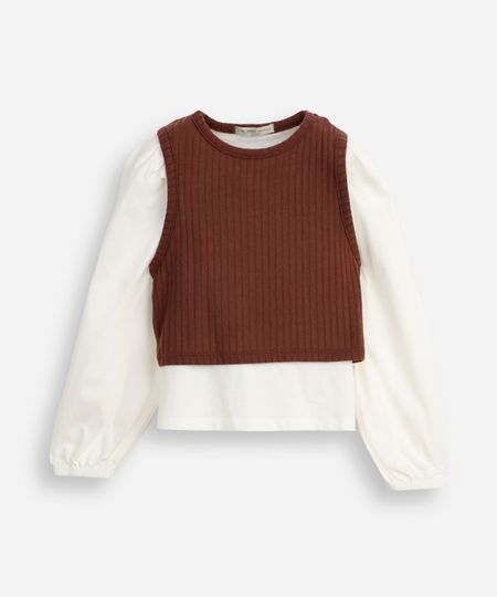 blusa infantil manga bufante com colete marrom 6