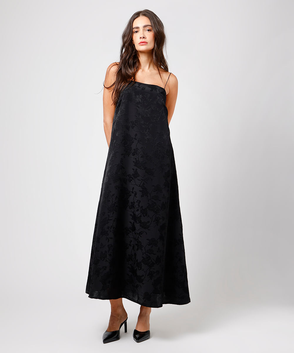 Vista 2 vestido longo feminino de jacquard floral mindset C&A Preto C&A Preto