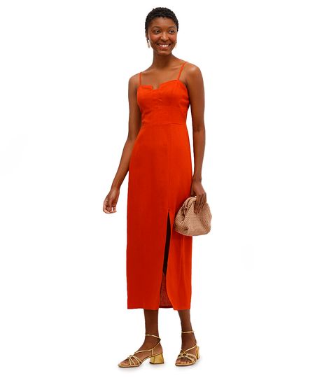 vestido midi feminino com linho e fenda laranja PP vestido midi feminino com linho e fenda laranja PP