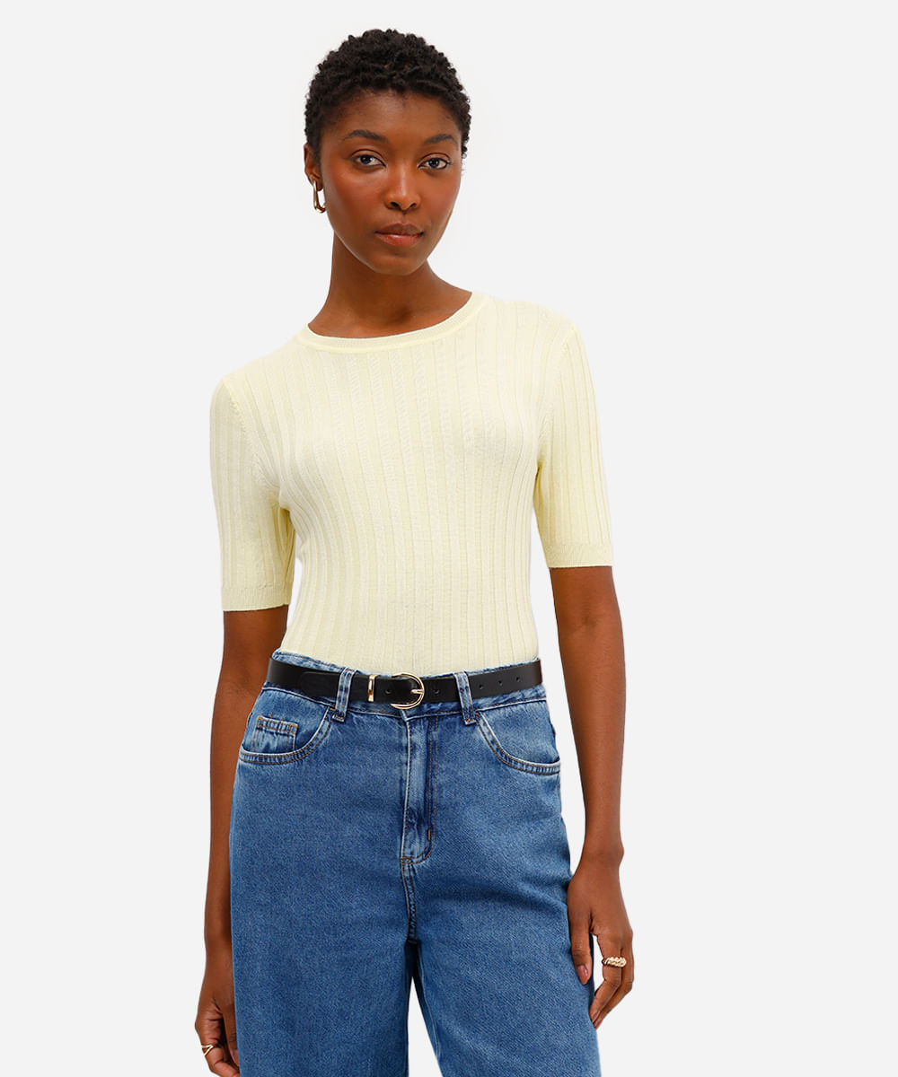 blusa feminina de tricot canelada manga curta amarela