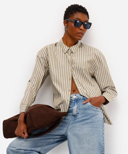 camisa oversized feminina de algodão listrada marrom P