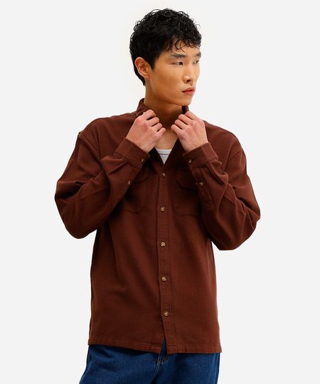 camisa masculina de algodão manga longa texturizada marrom P