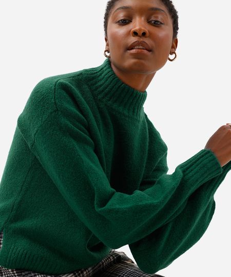 suéter feminino de tricot básico gola alta verde GG