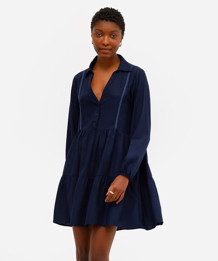vestido chemise feminino com linho decote v azul P