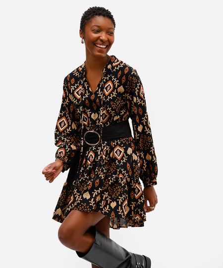 vestido curto feminino de algodão manga bufante arabescos preto P vestido curto feminino de algodão manga bufante arabescos preto P