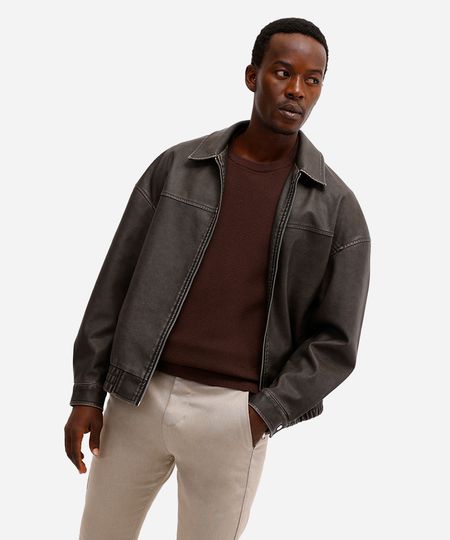 suéter masculino de tricot com recorte de suede marrom G