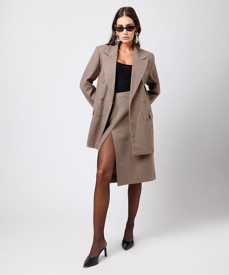 saia midi feminina com lã e fenda mindset bege PP saia midi feminina com lã e fenda mindset bege PP