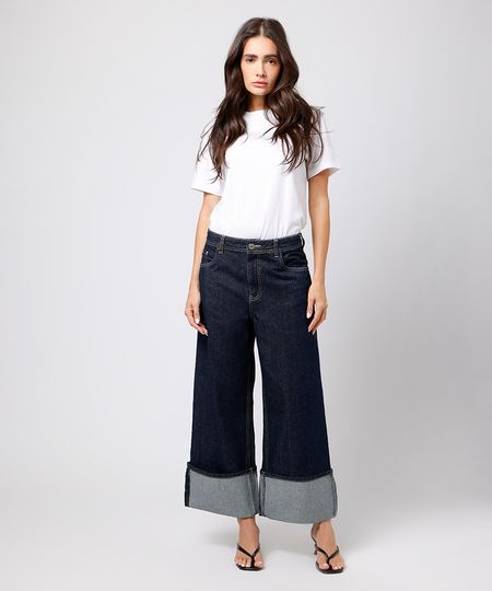 calça wide leg feminina jeans barra dobrada mindset azul 38