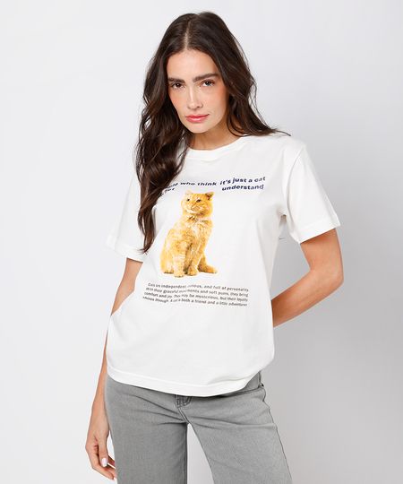 camiseta feminina de algodão gato mindset off white P