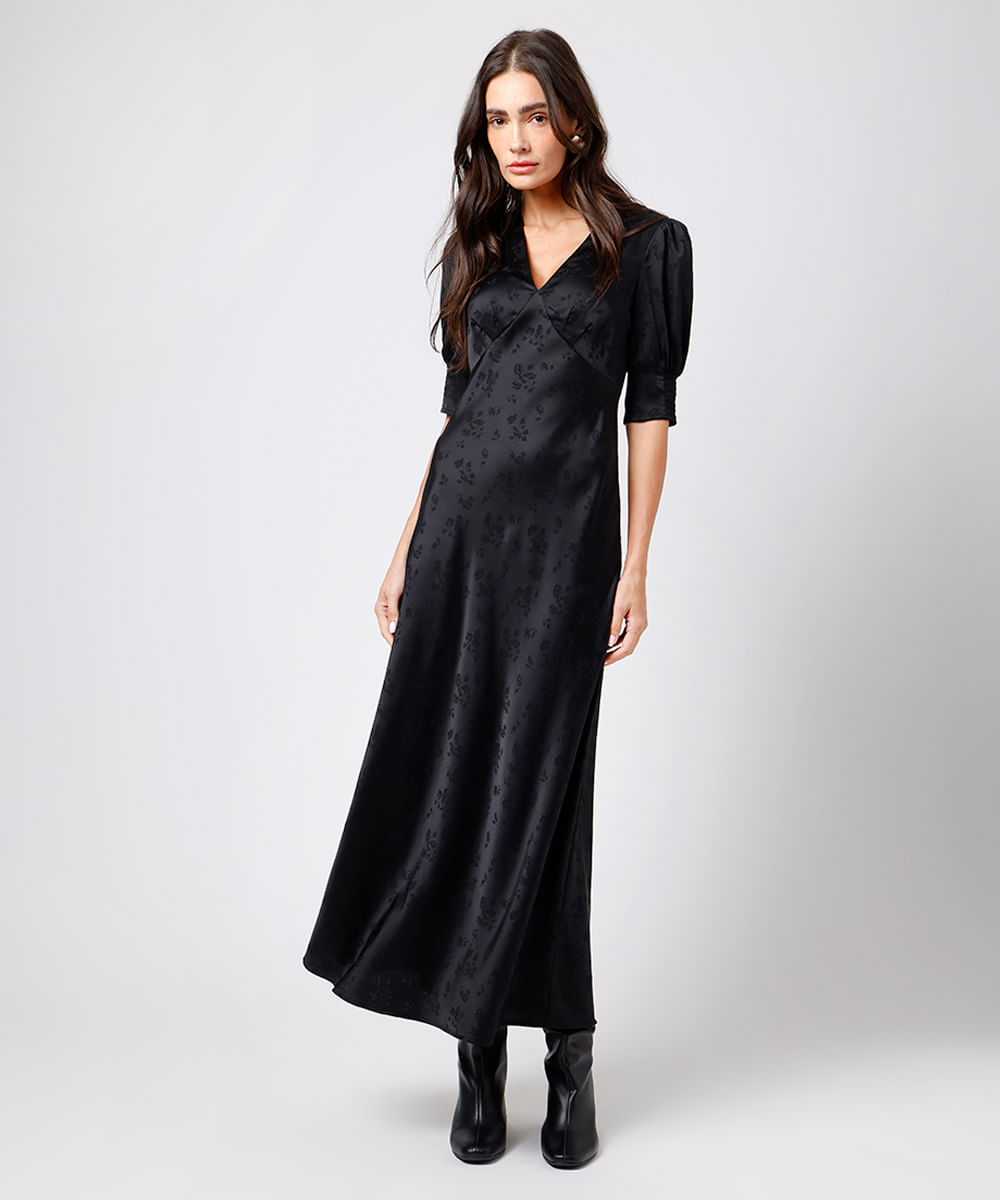 vestido midi feminino de jacquard manga bufante floral mindset preto