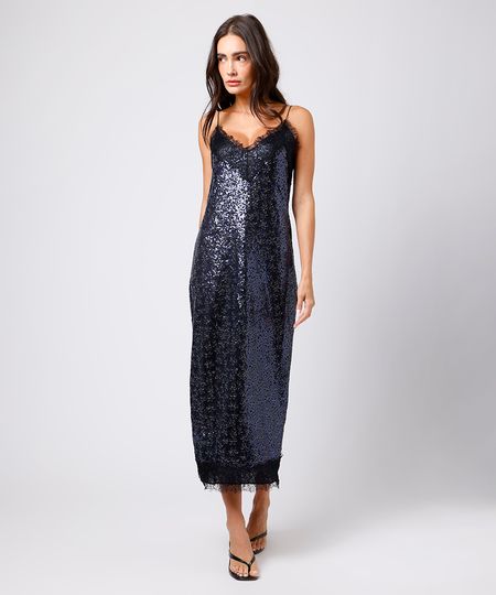vestido midi feminino de paetê com renda floral mindset azul P