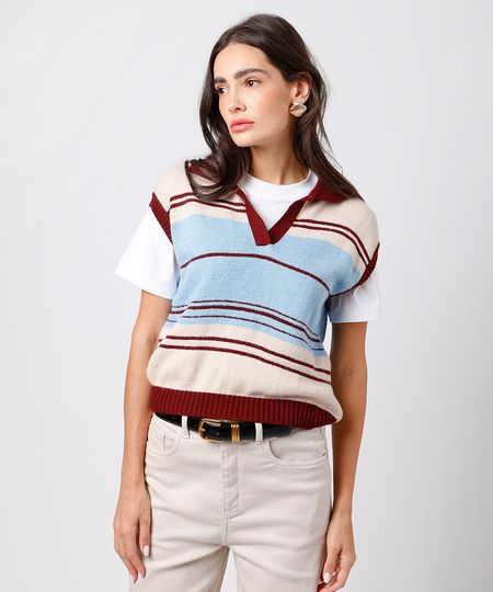 colete feminino de tricot listrado mindset bege P
