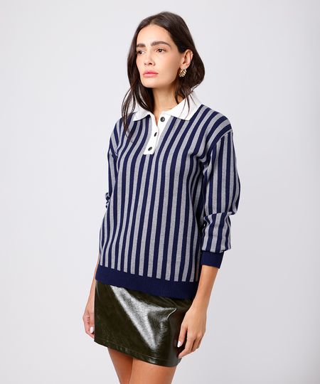 suéter feminino de tricot listrado mindset azul M