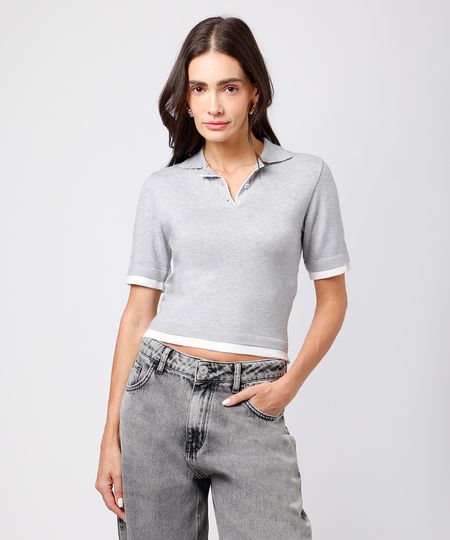 polo feminina de tricot manga curta bicolor mindset cinza M polo feminina de tricot manga curta bicolor mindset cinza M