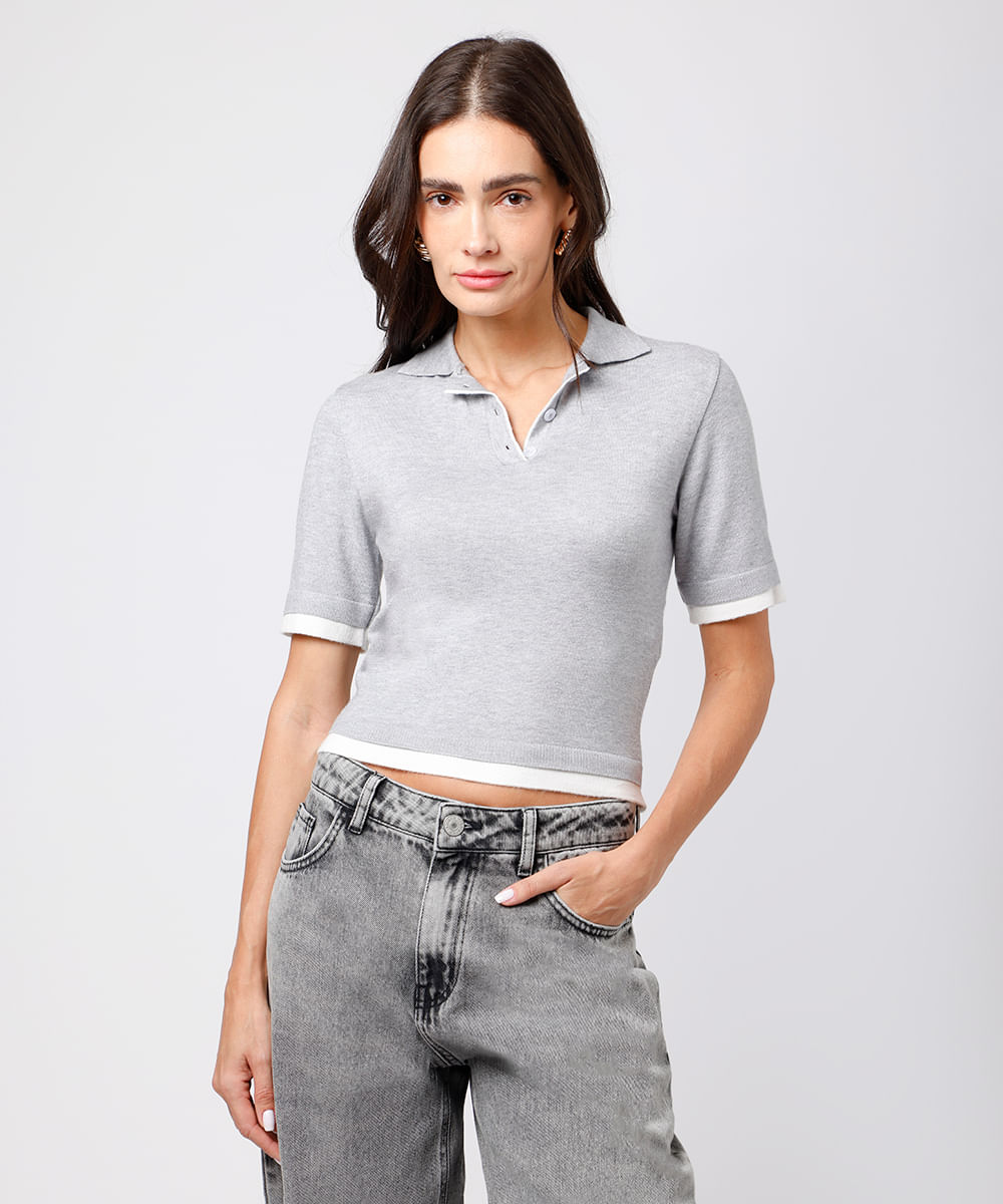 polo feminina de tricot manga curta bicolor mindset cinza