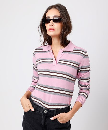 polo feminina de tricot manga longa listrada mindset rosa M