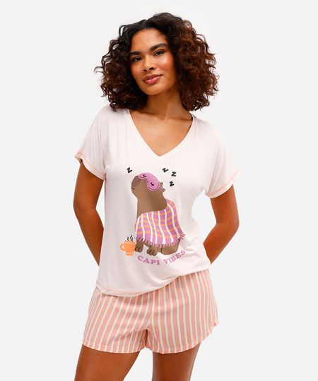 pijama short doll feminino em viscose capivara laranja P pijama short doll feminino em viscose capivara laranja P