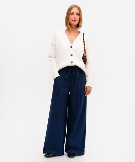 calça wide leg feminina de algodão cós elástico azul G