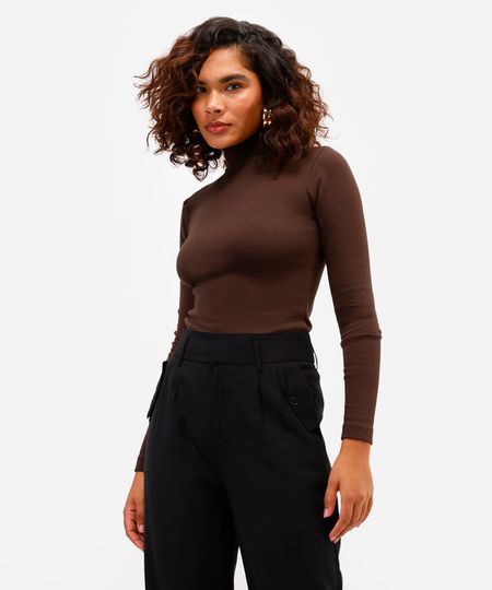 blusa feminina de algodão gola alta manga longa marrom PP