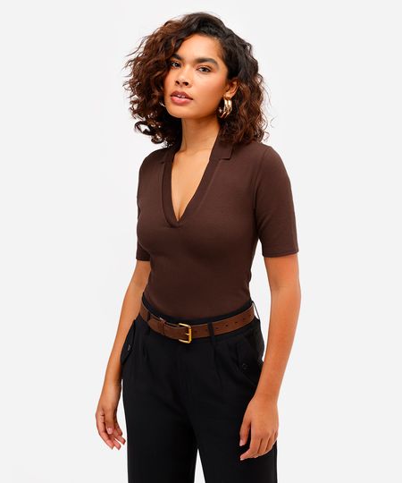 polo feminina de algodão manga curta canelada marrom PP polo feminina de algodão manga curta canelada marrom PP